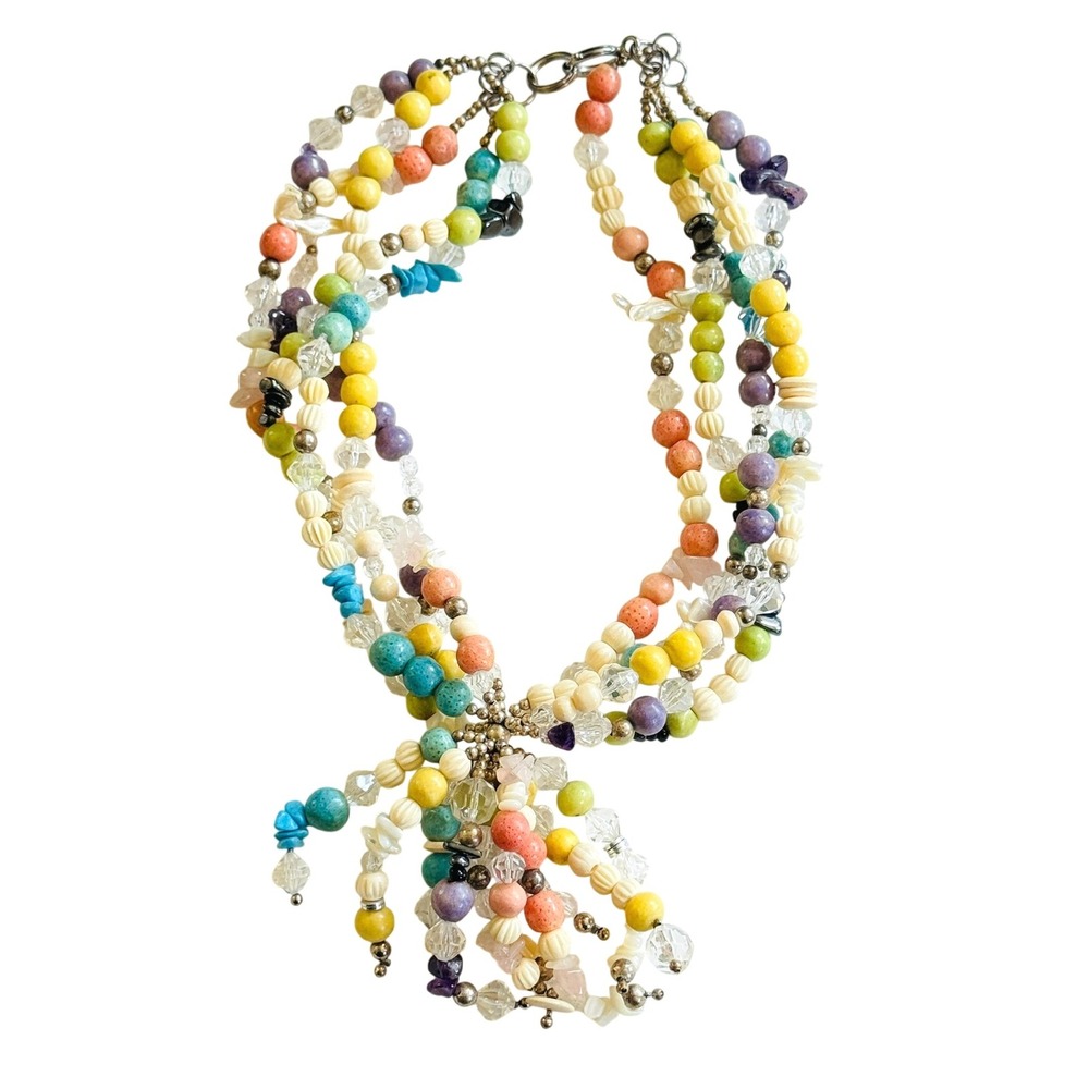 VTG statement Necklace Bone Sponge Coral quartz Beaded Colorful Collar Artisan